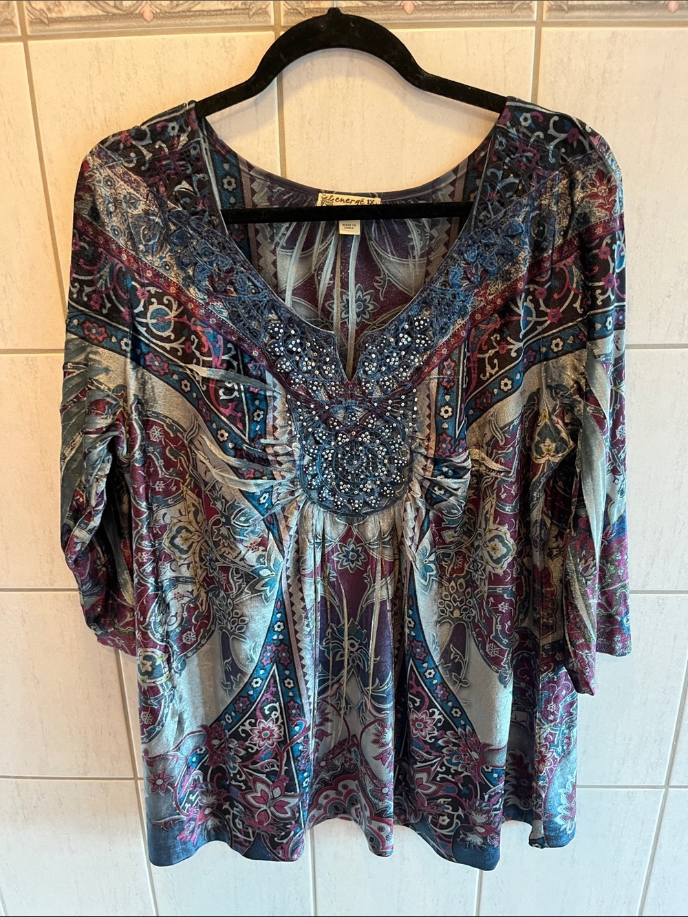 Energie Embellished V-Neck Velvet Paisley Tunic  with bead- Teal, Burgundy, Gray